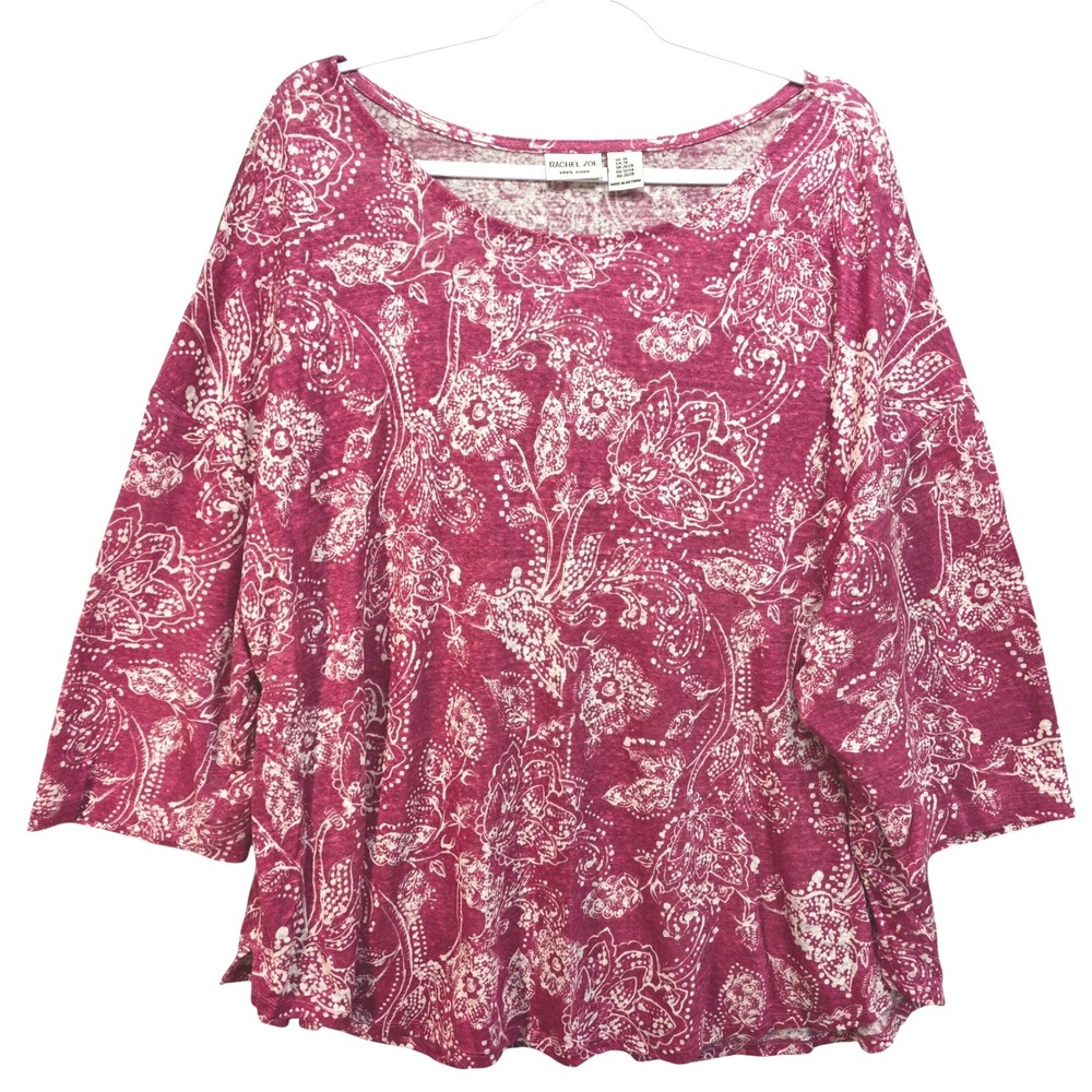 Rachel Zoe All Linen Top Womens 3X Paisley Floral Pink Boxy Relaxed Mature Plus